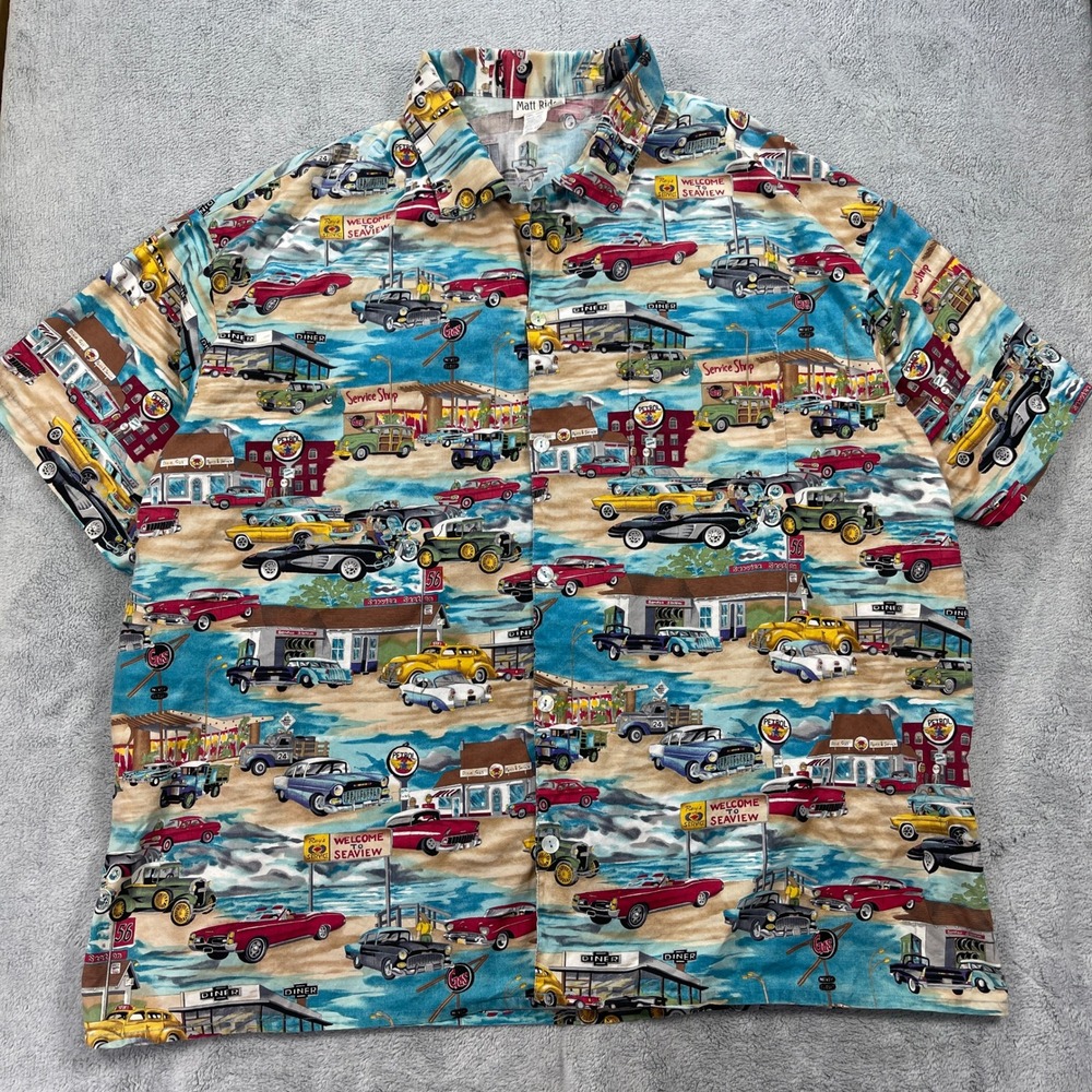 Matt Rider Button Up Mens XXL Multicolor Classic Car Diner Allover Print Shirt